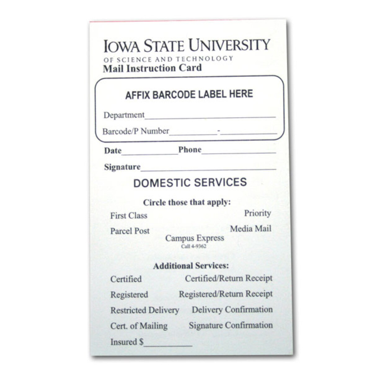 Iowa State University Mail Instruction Cards